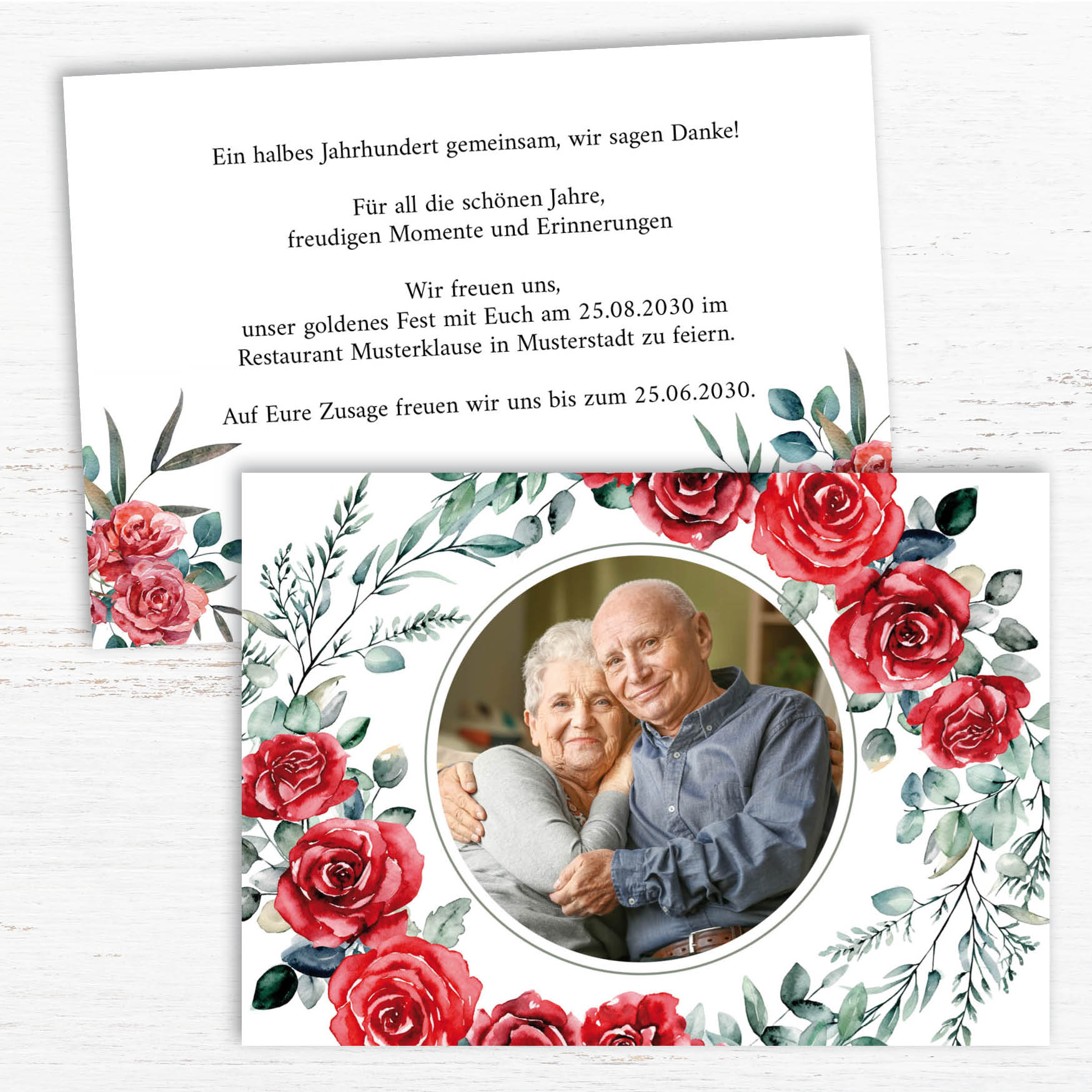 Einladung zur Goldenen Hochzeit: Romantische Rosen mit Foto